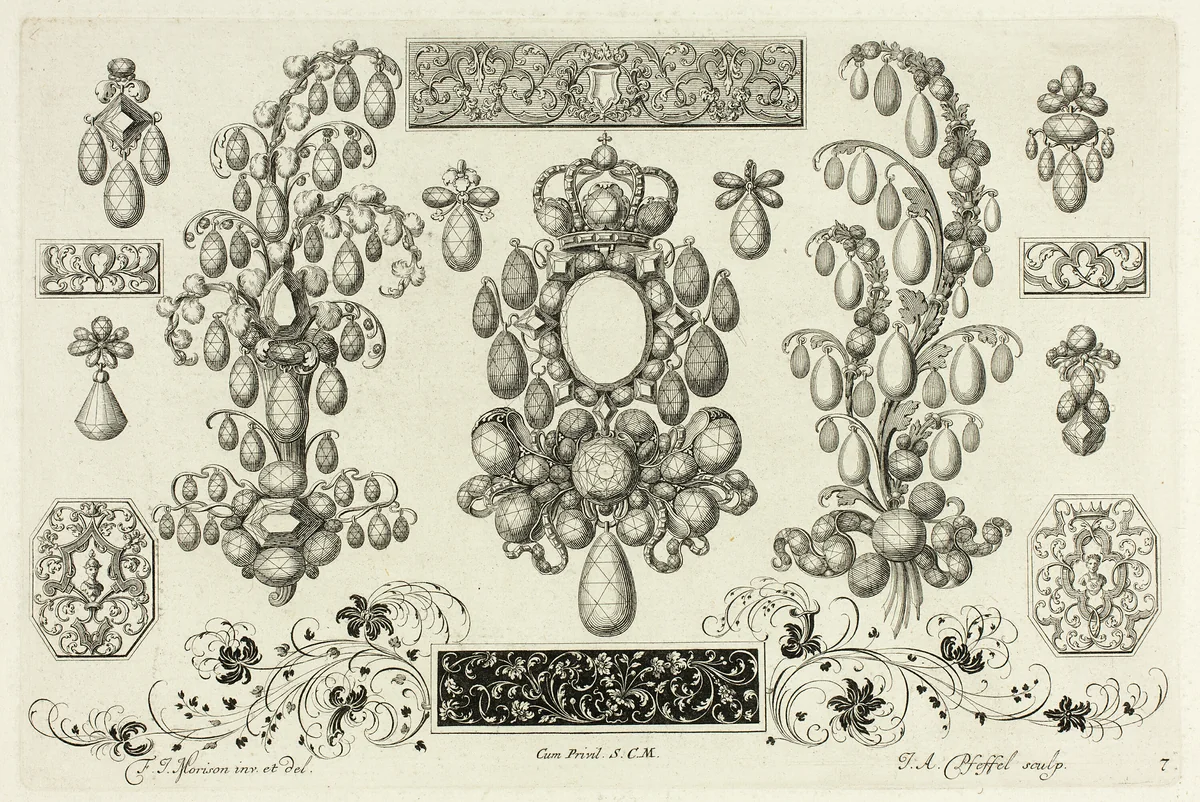 Designs for Jewelry by Joannes Andreas Pfeffel I, print, 1695-1697