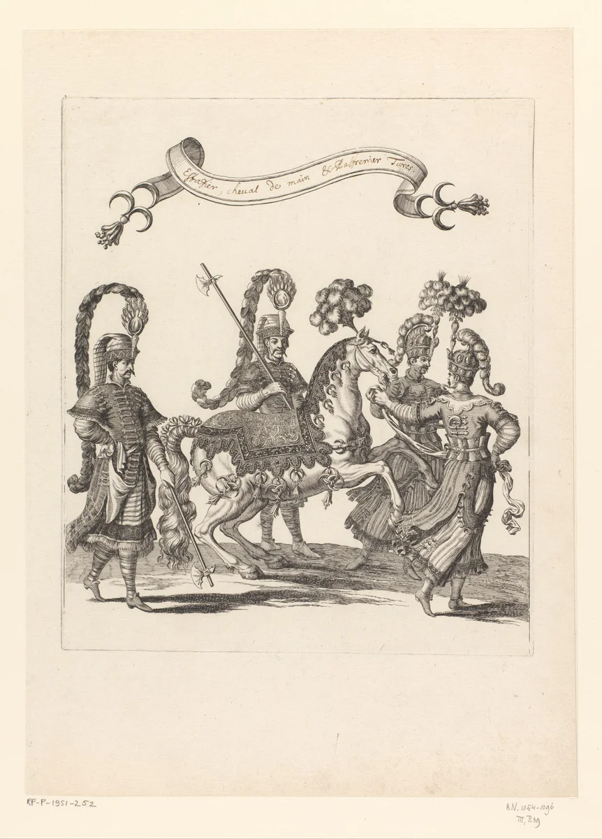 Voetknechten en palfrenier met paard in Turks kostuum by François Chauveau, print, 1670