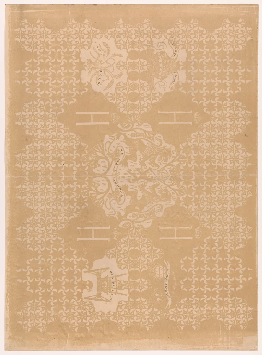 Blad met ornamenten, boot, wagen en wapen van Nederland by Carel Adolph Lion Cachet, print, 1874-1945