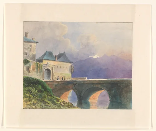 Berglandschap met stadsmuur en brug by Johannes van Reijn, drawing, 1800-1900