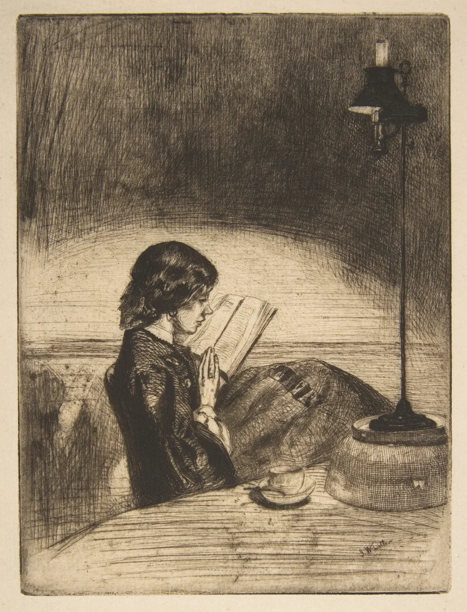 Reading by Lamplight by James McNeill Whistler, print, 1859