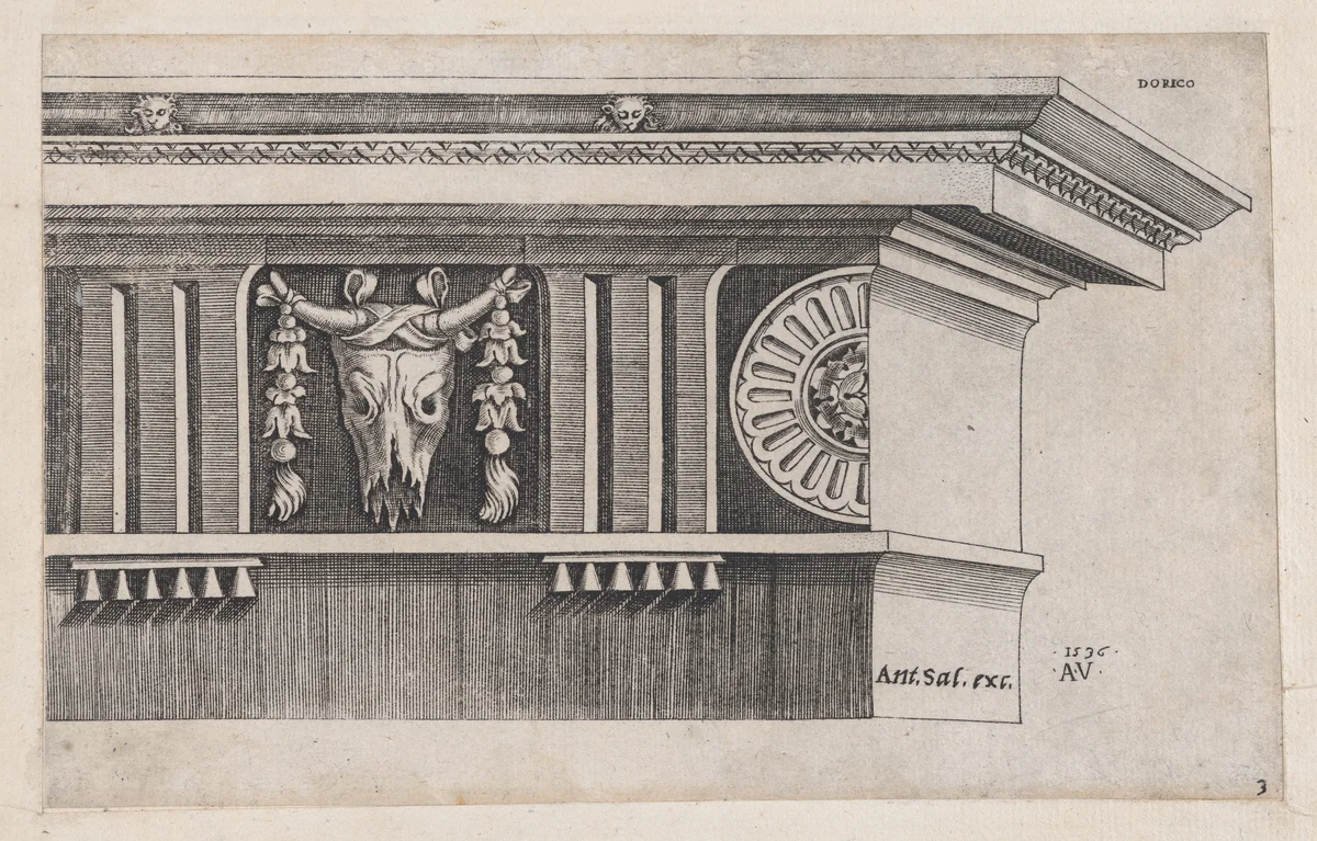 Doric Entablature, from "Speculum Romanae Magnificentiae" by Agostino Veneziano, print, 1536