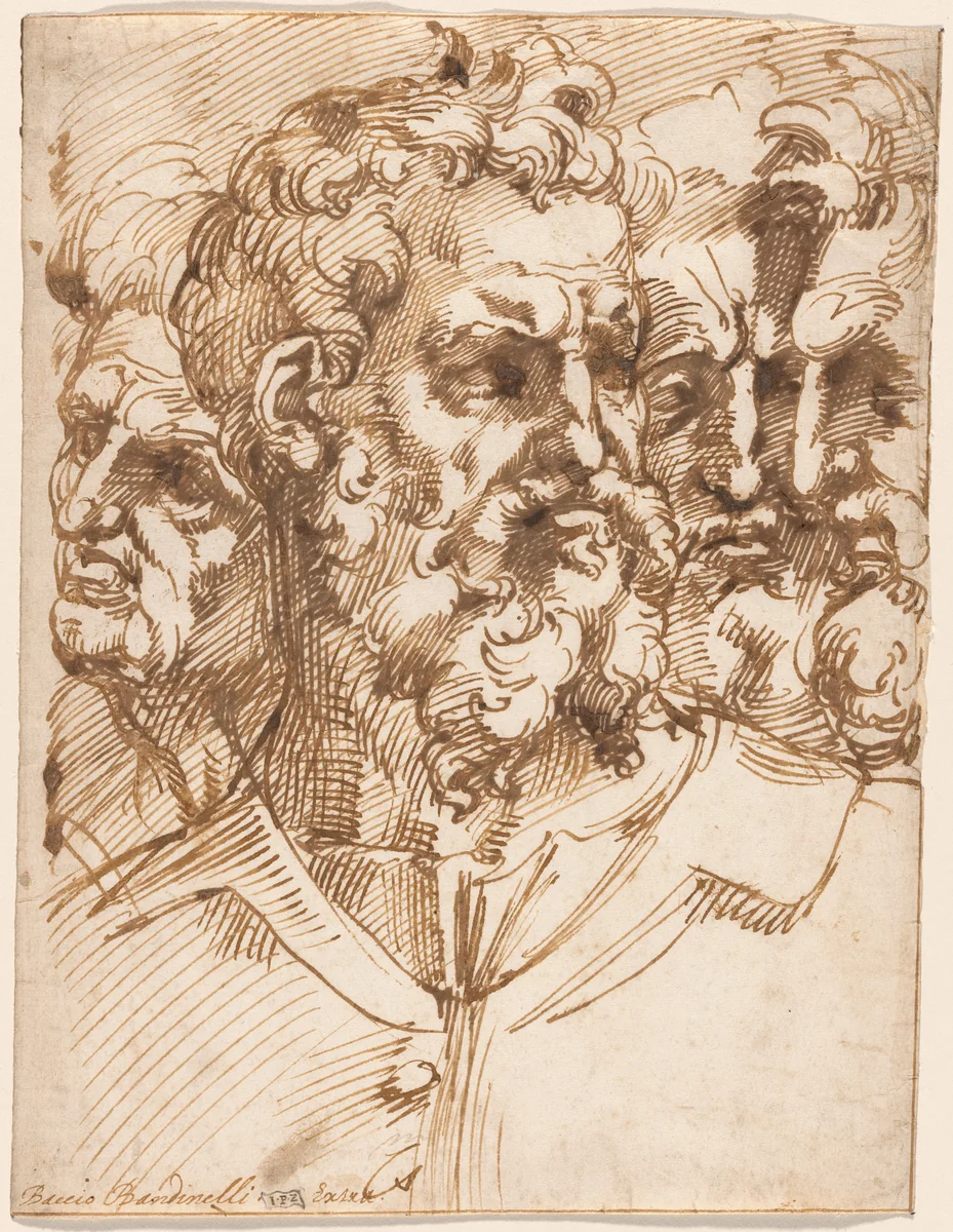 Four Male Heads by Baccio Bandinelli, drawing, 1529-1539