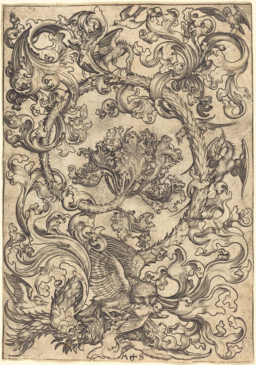 Ornament with Owl Mocked by Day Birds by Martin Schongauer, print, 1480-1490