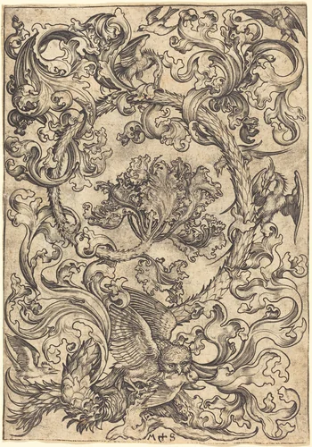 Ornament with Owl Mocked by Day Birds by Martin Schongauer, print, 1480-1490