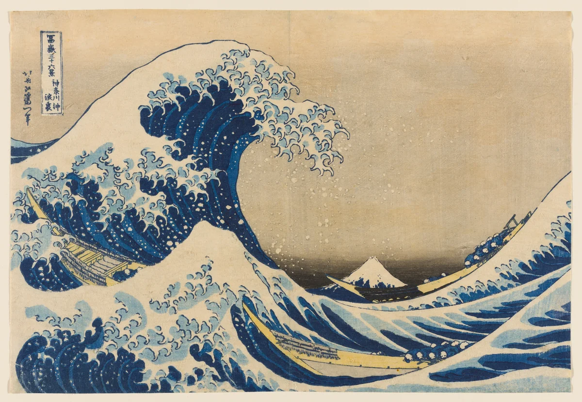 Under the Wave off Kanagawa (Kanagawa oki nami ura), also known as The Great Wave, from the series "Thirty-Six Views of Mount Fuji (Fugaku sanjurokkei)" by Katsushika Hokusai (葛飾 北斎), print, 1825-1838