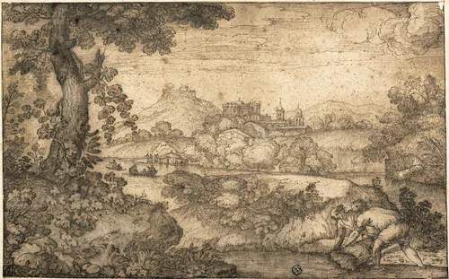 Landscape with Figures Binding Wheat in Foreground by Ercole Bazicaluva, drawing, 1590-1671