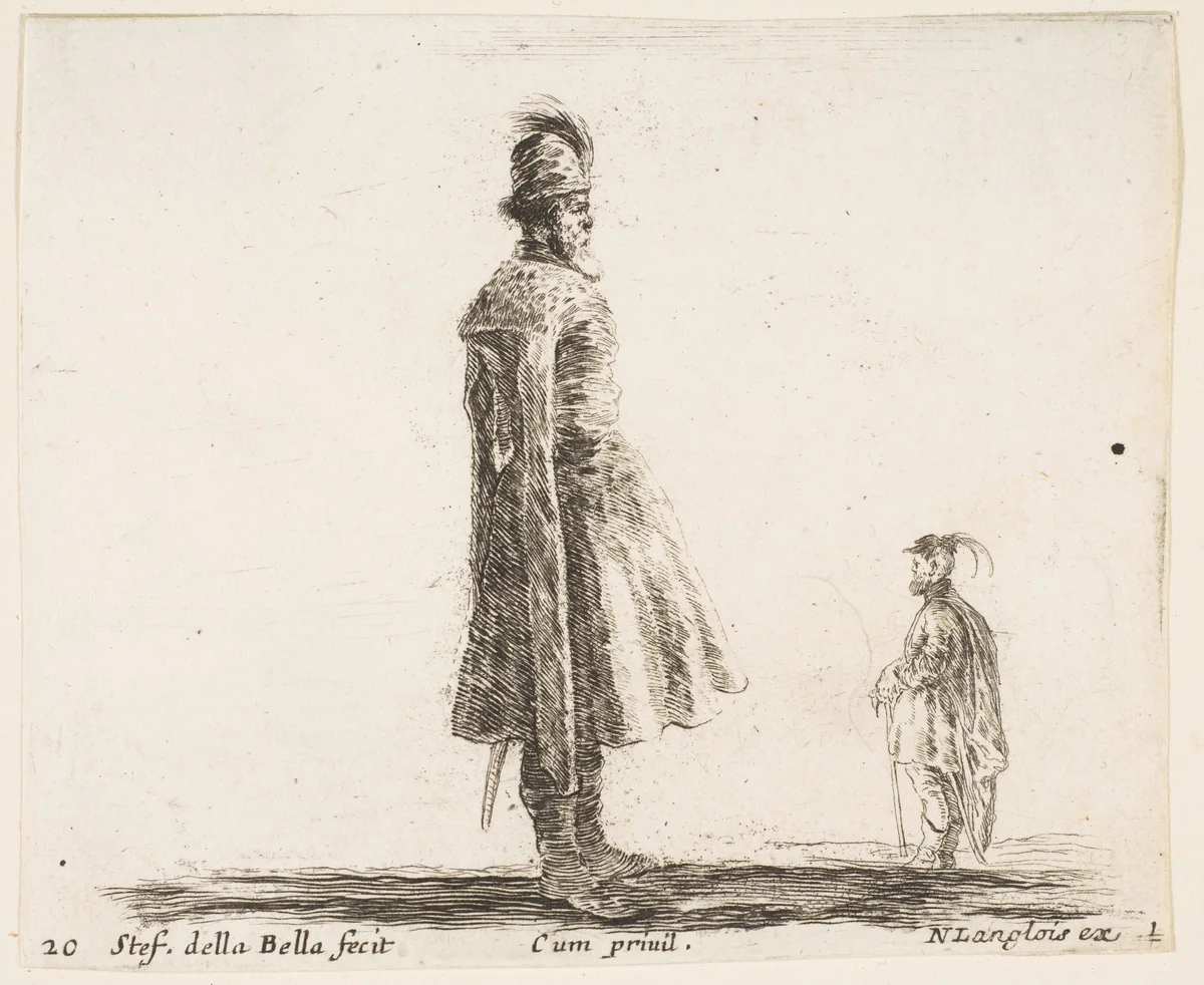 An old Polish nobleman wearing a plumed hat in center, standing in profile facing right, another Polish man to right in background, standing in profile facing left, plate 20 from "Diversi capricci" by Stefano della Bella, print, 1639-1649
