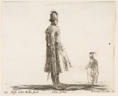 An old Polish nobleman wearing a plumed hat in center, standing in profile facing right, another Polish man to right in background, standing in profile facing left, plate 20 from "Diversi capricci" by Stefano della Bella, print, 1639-1649
