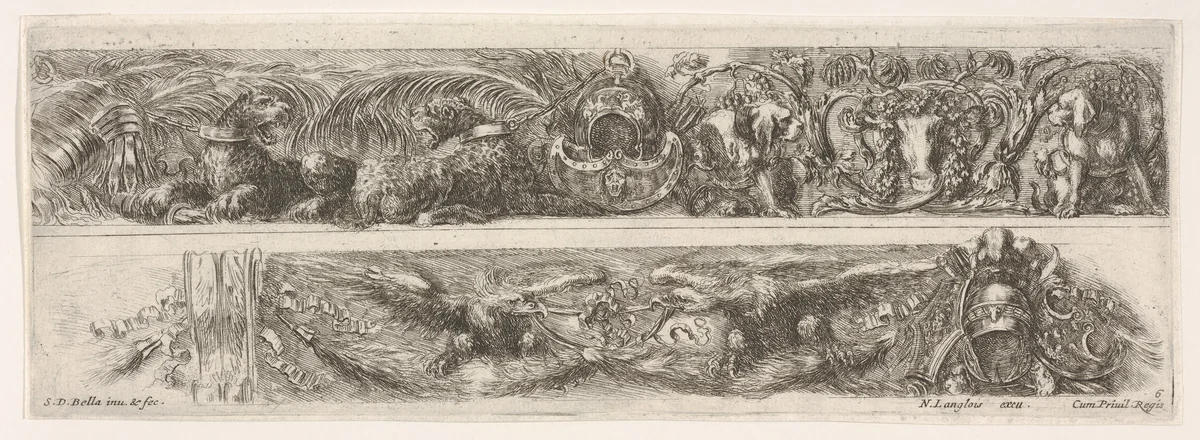 Two Designs for Friezes or Consoles characterized by Armorial Trophies, plate 6 from "Decorative friezes and foliage" (Ornamenti di fregi e fogliami) by Stefano della Bella, print, 1645-1650