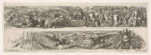 Two Designs for Friezes or Consoles characterized by Armorial Trophies, plate 6 from "Decorative friezes and foliage" (Ornamenti di fregi e fogliami) by Stefano della Bella, print, 1645-1650