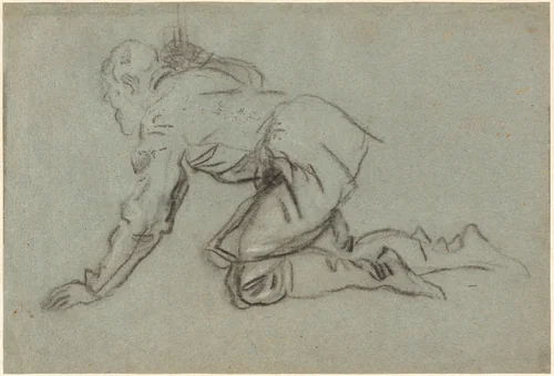 A Kneeling Man Holding a Staff [recto] by Jacopo Tintoretto, drawing, 1560-1635