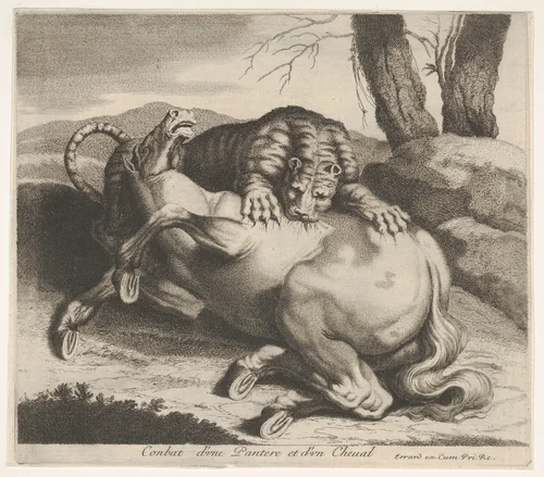 Conbat d'une Pantere et d'un Cheval by Charles Errard le fils, print, 1606-1689