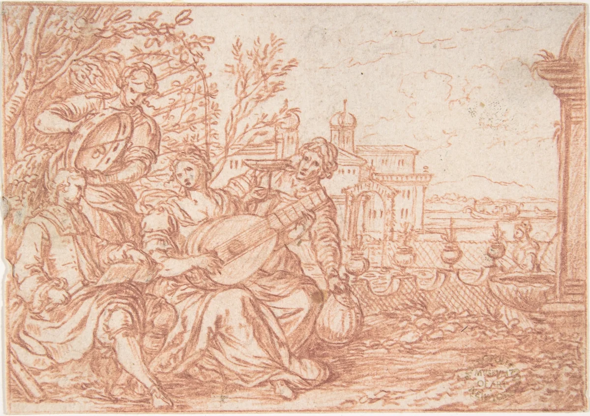 May (one of a series representing the labors of the months) by Jonas Umbach, drawing, 1690