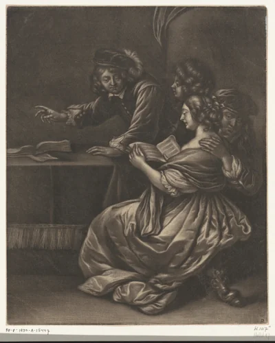 Gezelschap rond een tafel by Jan van Somer, print, 1655-1700