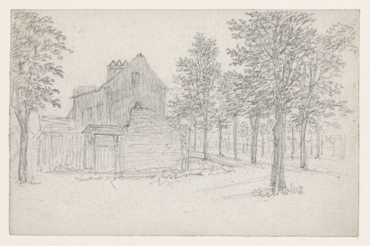 Weg met bomen, waaraan links huizen by Georges Michel, drawing, 1773-1843