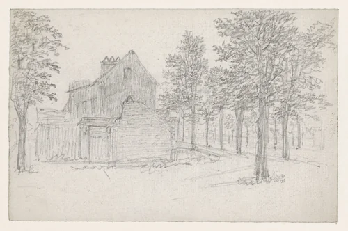 Weg met bomen, waaraan links huizen by Georges Michel, drawing, 1773-1843