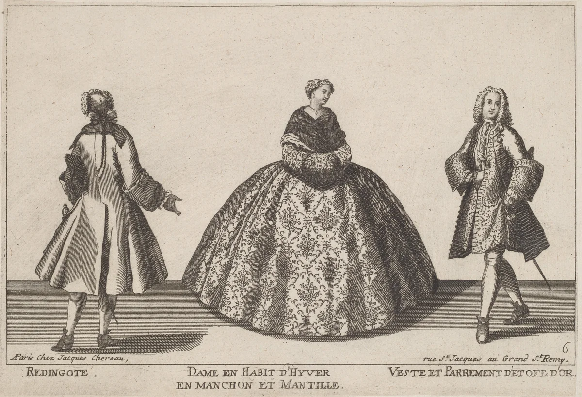 Redingote/Dame en Habit d'Hyver en Manchon/Veste et Parrement d'Etofe d'Or by Jacques Chéreau, print, 1720