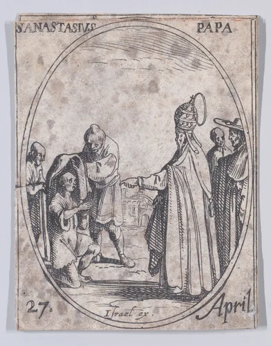 S. Anastase, pape (St. Anastasius, Pope), April 27th, from "Les Images De Tous Les Saincts et Saintes de L'Année" (Images of All of the Saints and Religious Events of the Year) by Jacques Callot, print, 1636