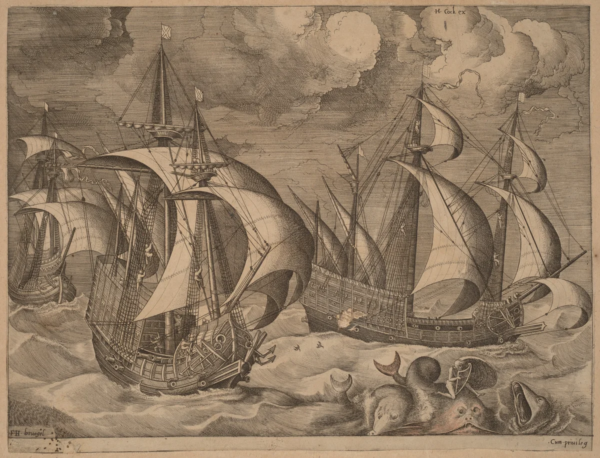 Three Caravels in a Rising Squall with Adrion on a Dolphin by Frans Huys
Pieter Bruegel the Elder
Hieronymus Cock, print, 1565