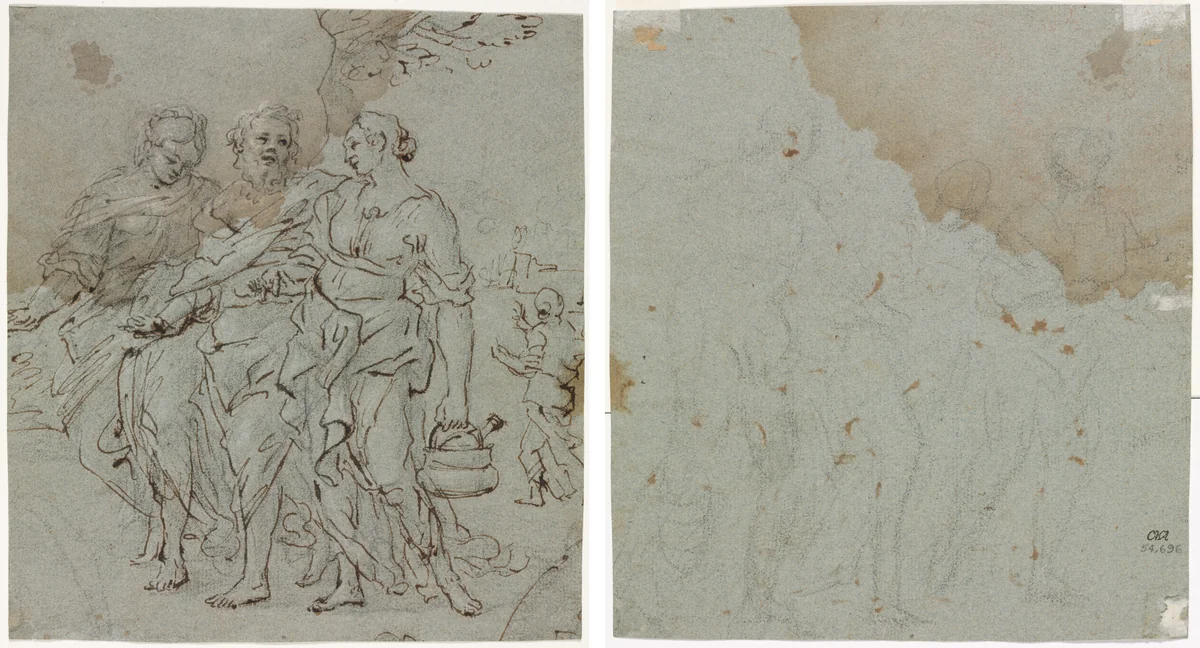 Lot and His Daughters (recto) Sketch for Lot and His Daughters (verso) by Pietro da Cortona, drawing, 1600-1699