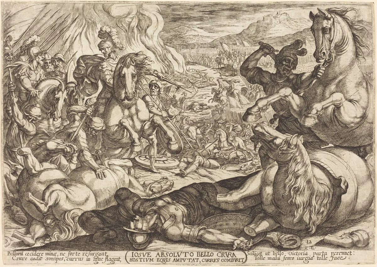 Joshua has the Chariots Burned and Cuts the Legs off His Enemies by Antonio Tempesta, print, 1613