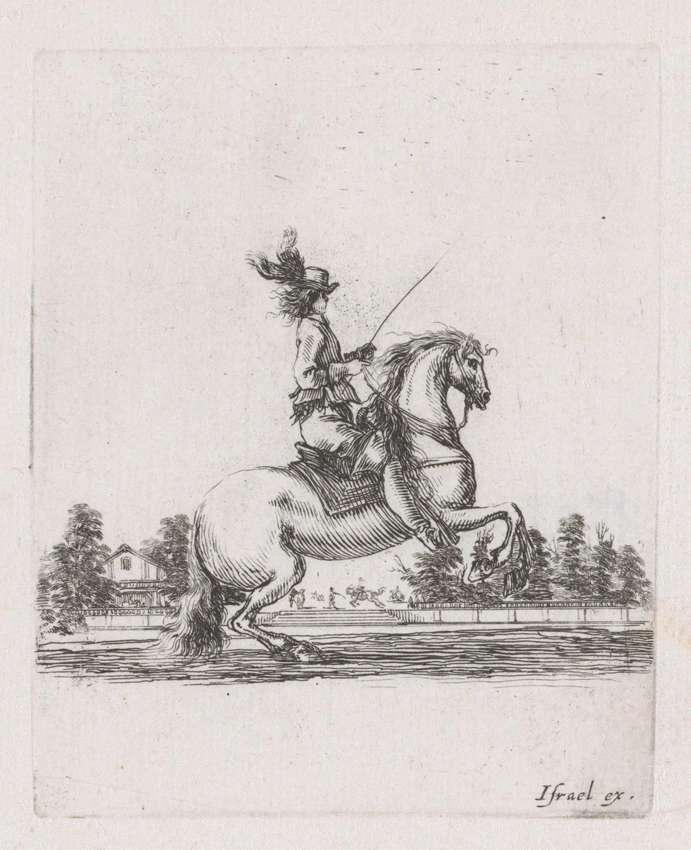 Ruiter op een stijgerend paard van opzij gezien by Stefano della Bella, print, 1620-1664
