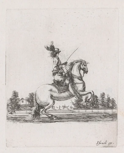 Ruiter op een stijgerend paard van opzij gezien by Stefano della Bella, print, 1620-1664