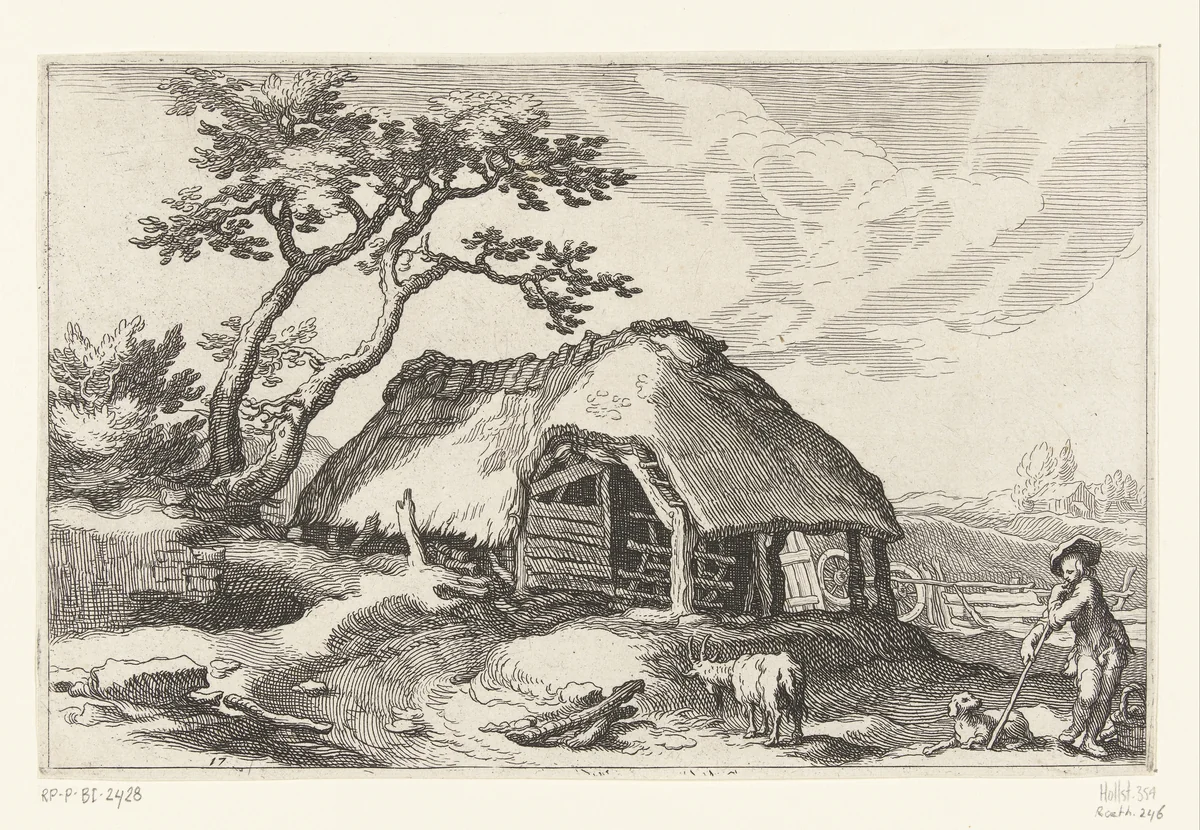 Boerderij en herder met hond en geit by Boëtius Adamsz. Bolswert, print, 1614
