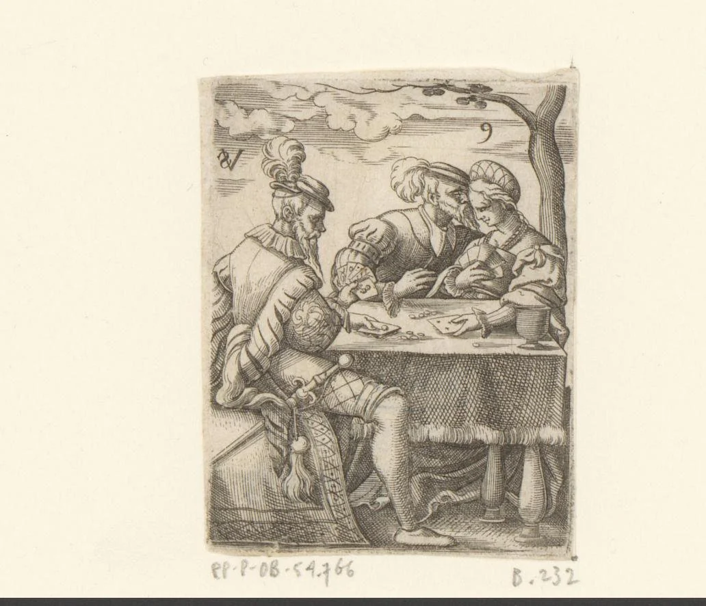 Vrouw en twee mannen kaartspelend by Unknown, print, 1545