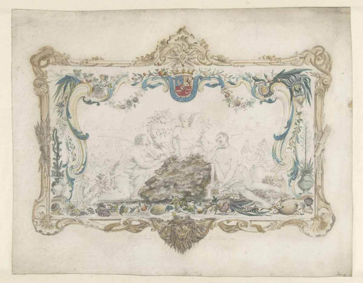 Deksel van een gouden doos met allegorie op de goudwinning by François Thuret, drawing, 1752