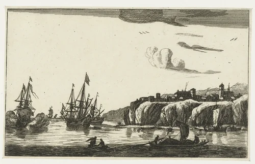 Haven met een dorp op een klif by anonymous, print, 1656-1714