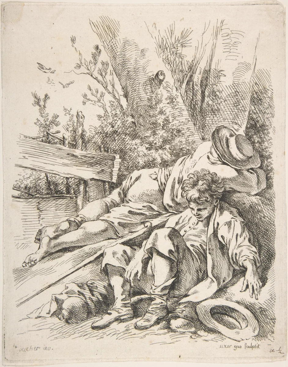 Two Boys Sleeping Besides a Tree by Marie Jeanne Boucher, print, 1745-1765