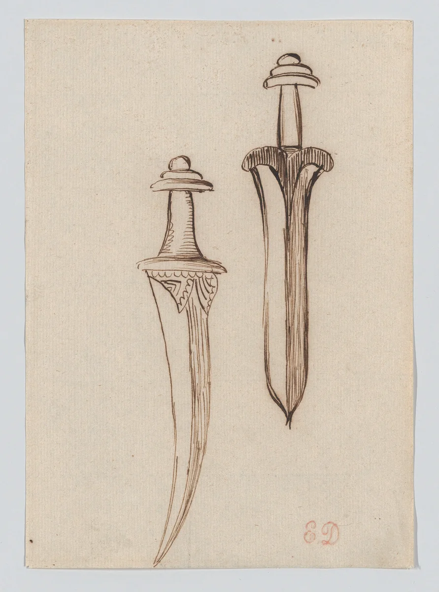 Two Studies of Swords by Eugène Delacroix, drawing, 1815-1868
