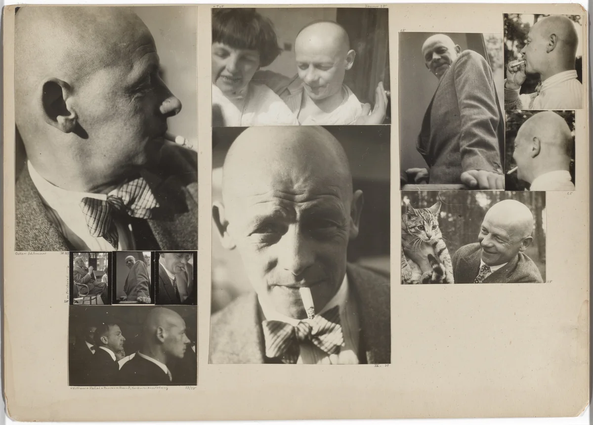 Oskar Schlemmer; [Schlemmer] in the Master’s Council; [Schlemmer] with Wittwer, Kallai, and Marianne Brandt, Preliminary Course Exhibition; [Schlemmer] ​and ​Tut by Josef Albers, photograph, 1928