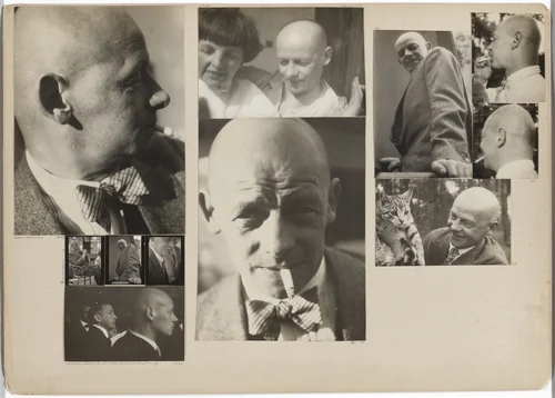 Oskar Schlemmer; [Schlemmer] in the Master’s Council; [Schlemmer] with Wittwer, Kallai, and Marianne Brandt, Preliminary Course Exhibition; [Schlemmer] ​and ​Tut by Josef Albers, photograph, 1928