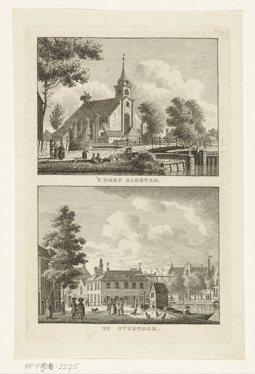 Dorpsgezicht met Nederlands Hervormde Kerk te Sloten en Stadsgezicht met Overtoom te Amsterdam by Carel Frederik Bendorp, print, 1786-1792