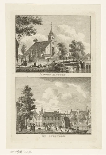 Dorpsgezicht met Nederlands Hervormde Kerk te Sloten en Stadsgezicht met Overtoom te Amsterdam by Carel Frederik Bendorp, print, 1786-1792