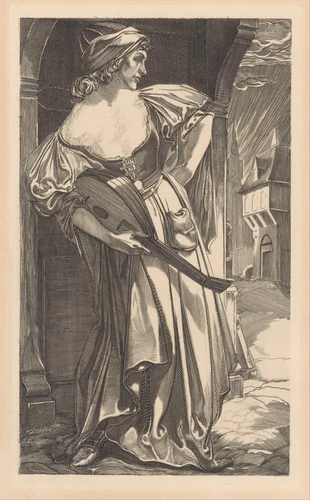 Vrouw met luit op straat by Johannes Josephus Aarts, print, 1881-1934