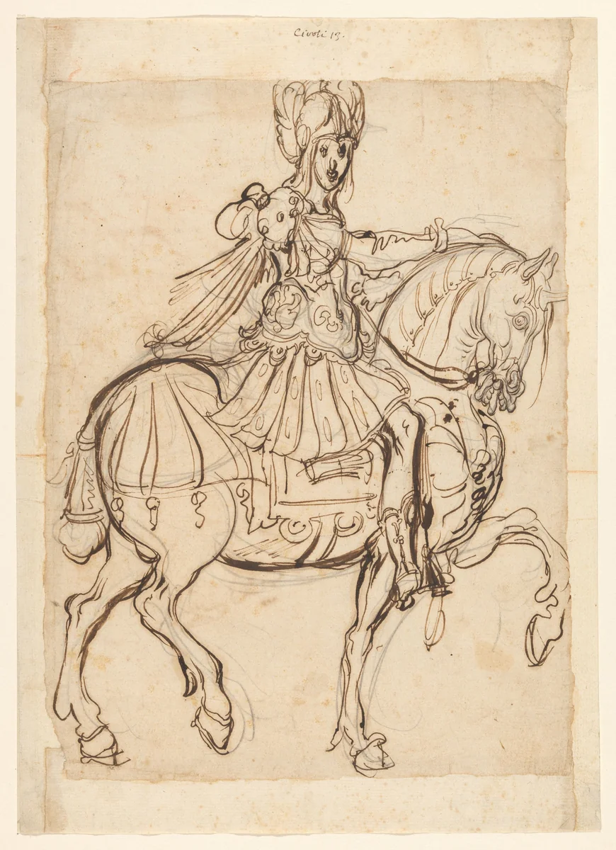 Veldheer te paard, rijdend naar rechts by Jacques Bellange, drawing, 1602-1620
