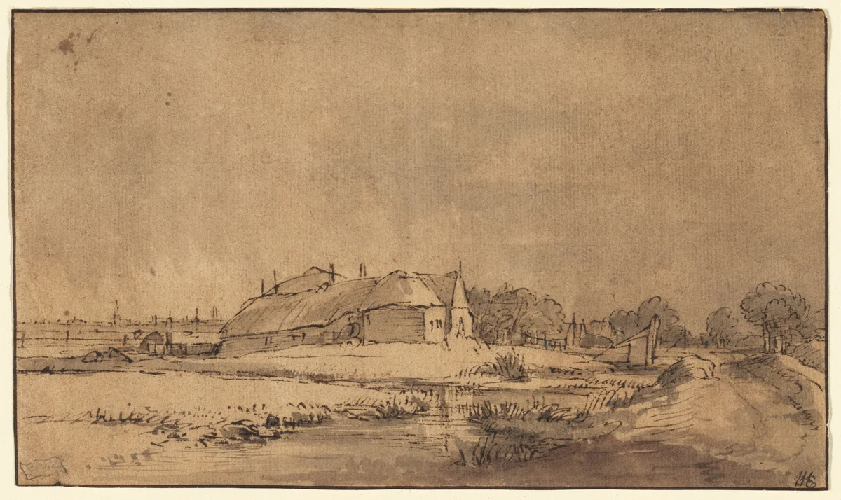 Cottages and Barn beside a Road by Rembrandt van Rijn, drawing, 1650
