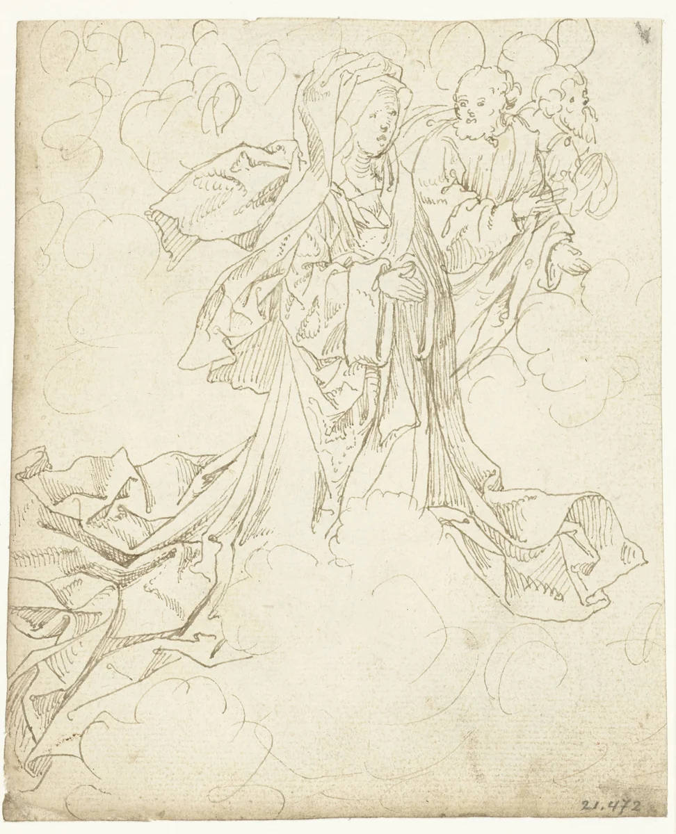 Maria met twee heiligen tussen de wolken by Meester van het Berlijnse Schetsboek, drawing, 1523