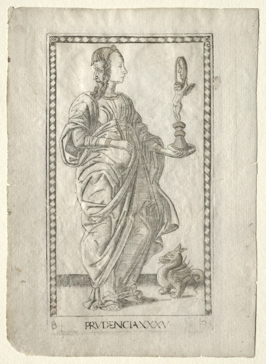 Prudence (from the Tarocchi, series B: Cosmic Principles & Virtues, #35) by Master of the E-Series Tarocchi, print, 1457-1467