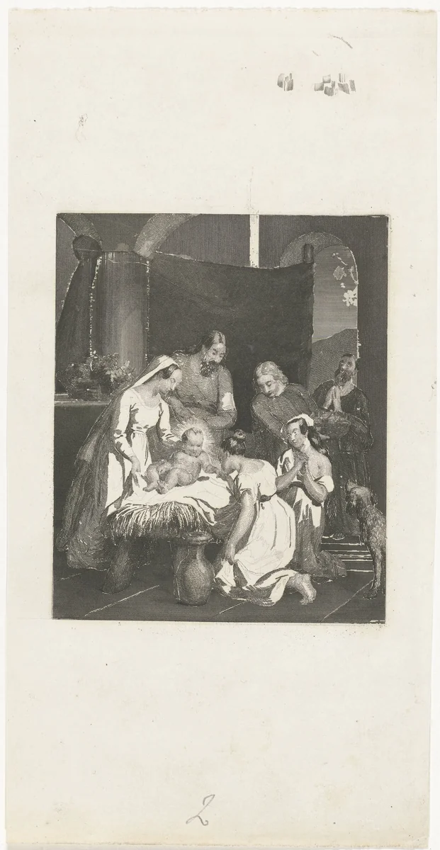 Aanbidding van het Kind door twee herdersmeisjes by Henricus Wilhelmus Couwenberg, print, 1830-1845