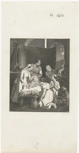Aanbidding van het Kind door twee herdersmeisjes by Henricus Wilhelmus Couwenberg, print, 1830-1845
