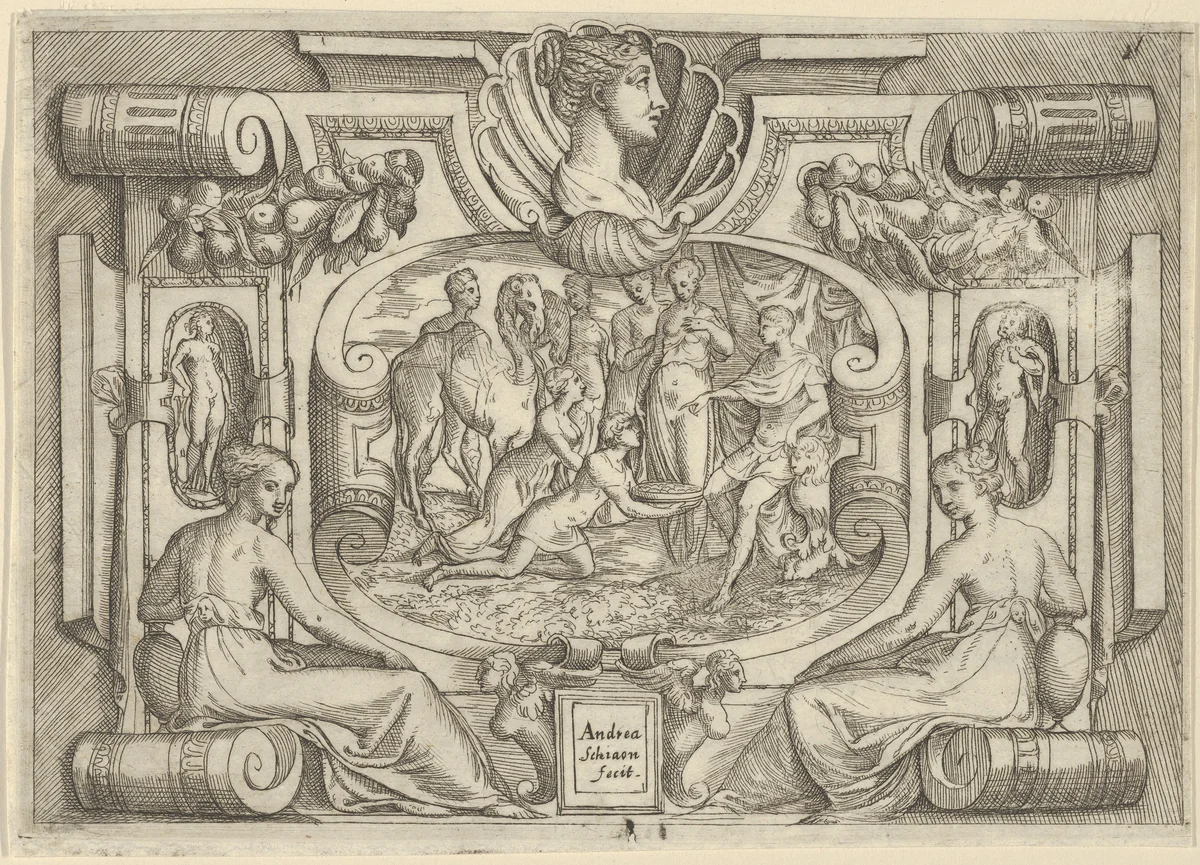 A man and woman offering a platter of coins to a king seated on a throne, set within an elaborate frame by Battista Angolo del Moro, print, 1535-1580