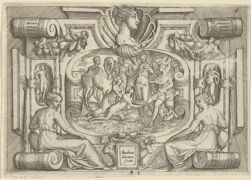A man and woman offering a platter of coins to a king seated on a throne, set within an elaborate frame by Battista Angolo del Moro, print, 1535-1580