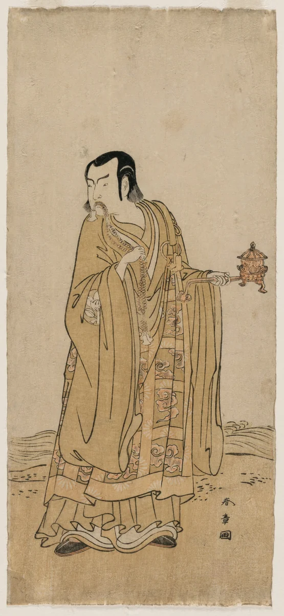 Ichimura Uzaemon IX as Shingen in “A String of Prayer Beads Shaken at a Ribbon of Waterfall” by Katsukawa Shunshô (勝川春章), print, 1775