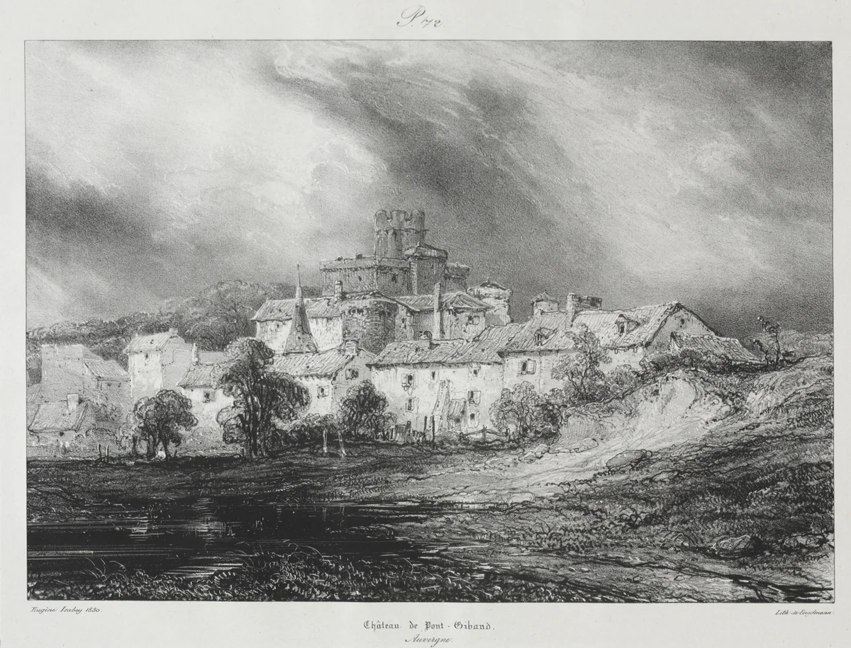 Voyages pittoresques et romantiques dans l'ancienne France, Auvergne: Château de Pont-Gibaud by Eugène Isabey, print, 1830