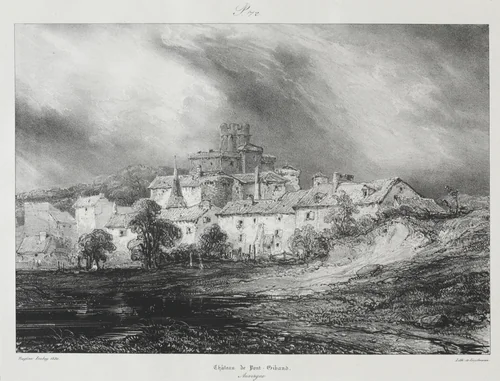 Voyages pittoresques et romantiques dans l'ancienne France, Auvergne: Château de Pont-Gibaud by Eugène Isabey, print, 1830